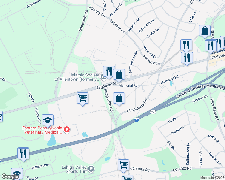map of restaurants, bars, coffee shops, grocery stores, and more near 6521 1st Avenue in Allentown