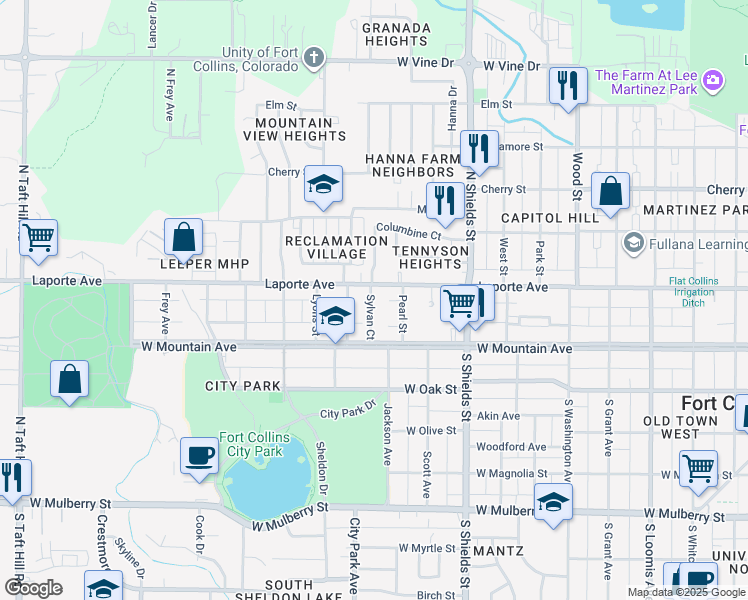 map of restaurants, bars, coffee shops, grocery stores, and more near 138 Sylvan Court in Fort Collins