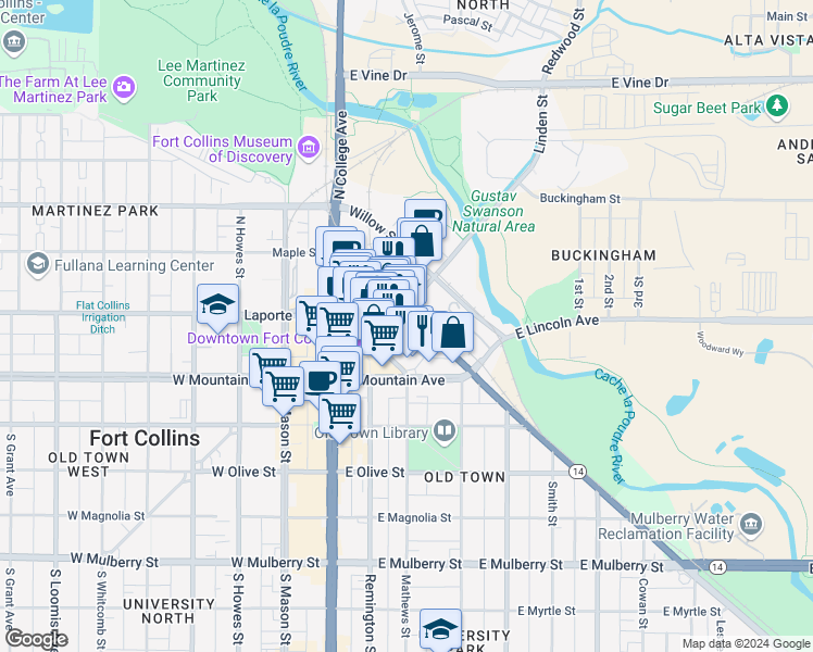 map of restaurants, bars, coffee shops, grocery stores, and more near 350 Linden Street in Fort Collins