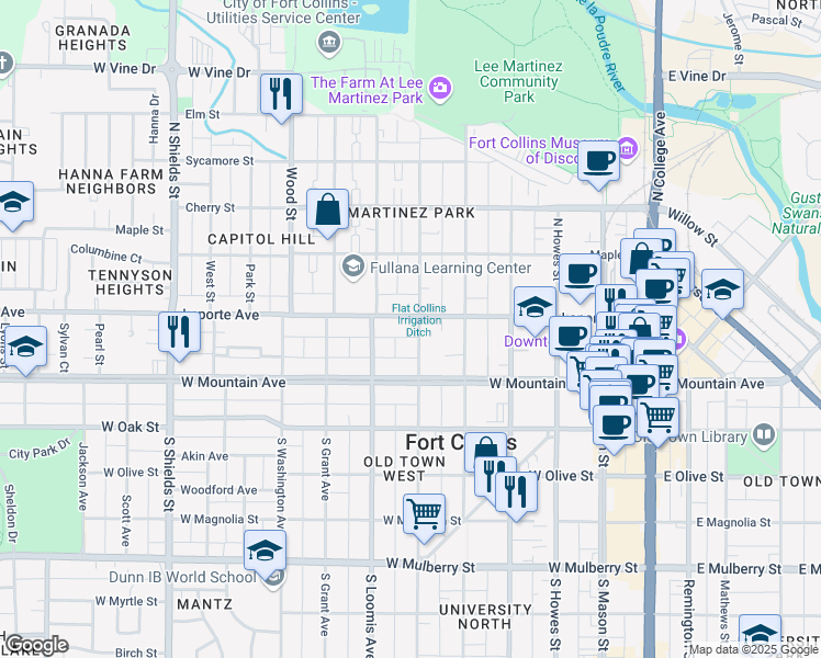 map of restaurants, bars, coffee shops, grocery stores, and more near 617 Laporte Avenue in Fort Collins