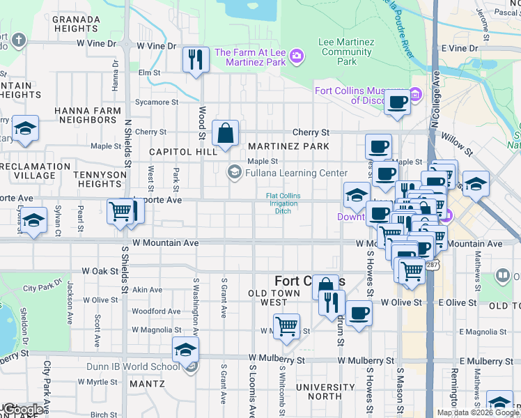 map of restaurants, bars, coffee shops, grocery stores, and more near 617 Laporte Avenue in Fort Collins