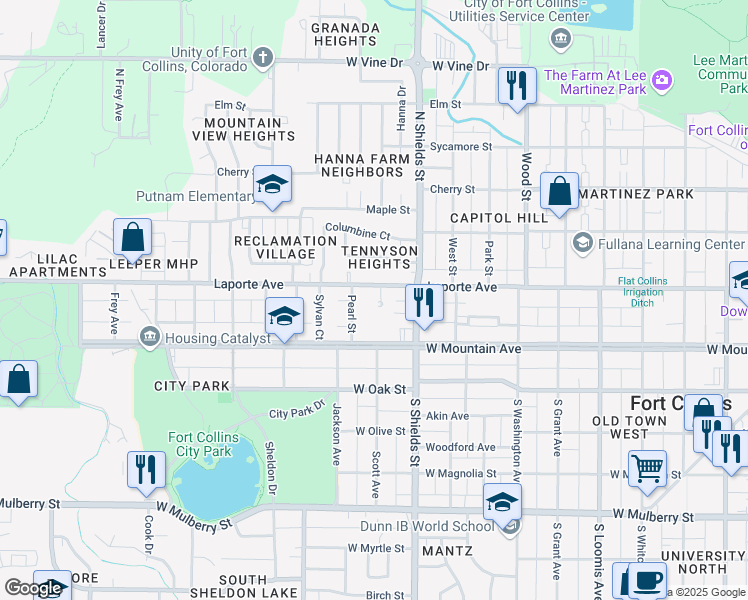 map of restaurants, bars, coffee shops, grocery stores, and more near 112 Jamith Place in Fort Collins