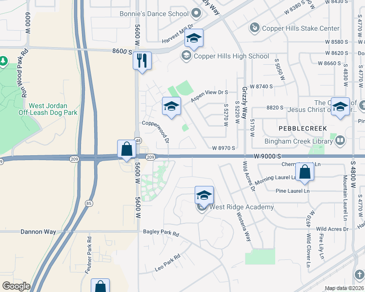 map of restaurants, bars, coffee shops, grocery stores, and more near 5408 Mayflower Street in West Jordan