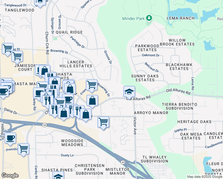 map of restaurants, bars, coffee shops, grocery stores, and more near 1186 Old Alturas Road in Redding
