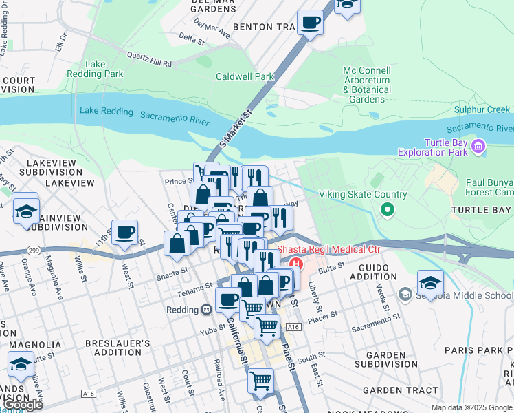 map of restaurants, bars, coffee shops, grocery stores, and more near 1203 East Street in Redding