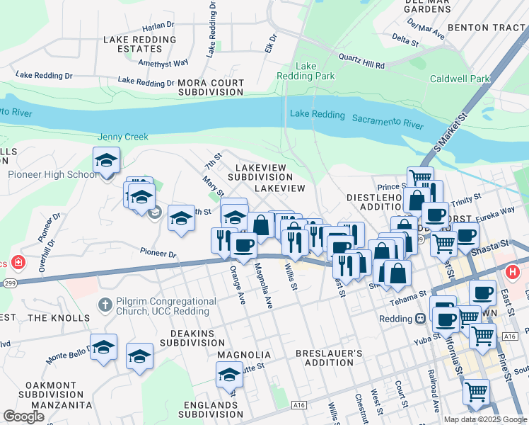 map of restaurants, bars, coffee shops, grocery stores, and more near 930 West Street in Redding