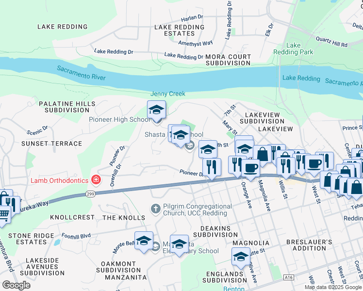 map of restaurants, bars, coffee shops, grocery stores, and more near 2500 Eureka Way in Redding