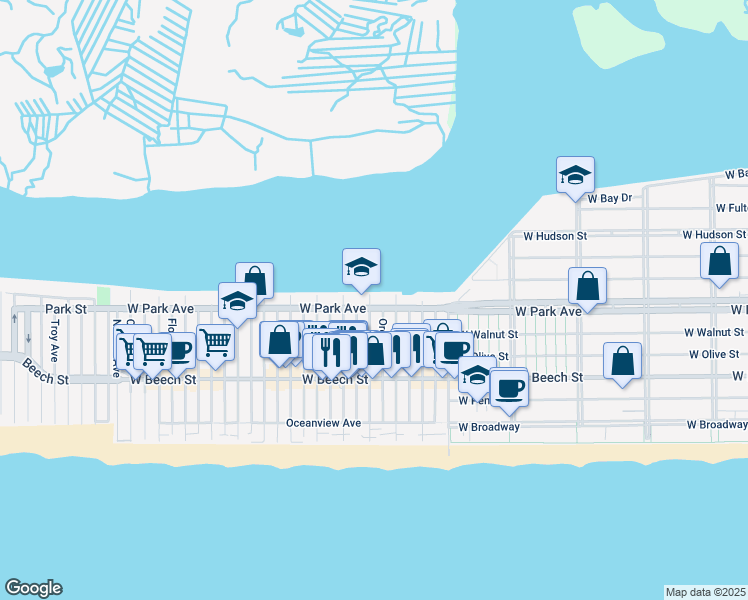 map of restaurants, bars, coffee shops, grocery stores, and more near 111 Delaware Avenue in Long Beach
