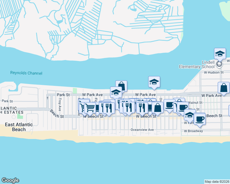 map of restaurants, bars, coffee shops, grocery stores, and more near 1031 West Park Avenue in Long Beach