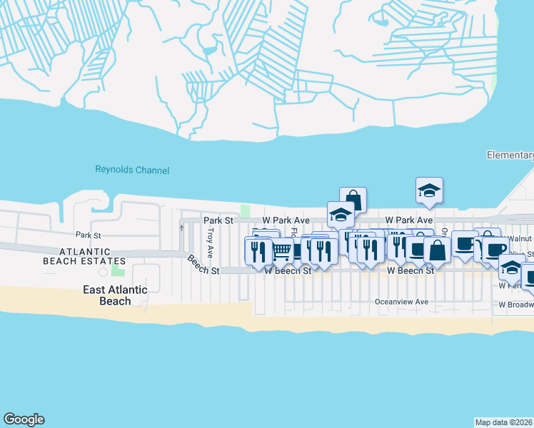 map of restaurants, bars, coffee shops, grocery stores, and more near 1207 West Park Avenue in East Atlantic Beach