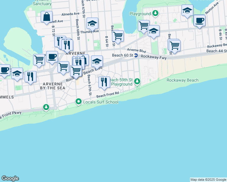 map of restaurants, bars, coffee shops, grocery stores, and more near 6309 Ocean Avenue South in Queens