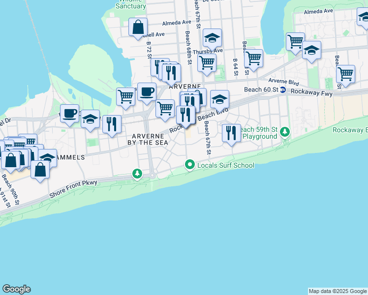 map of restaurants, bars, coffee shops, grocery stores, and more near 164 Commodore Circle East in Queens