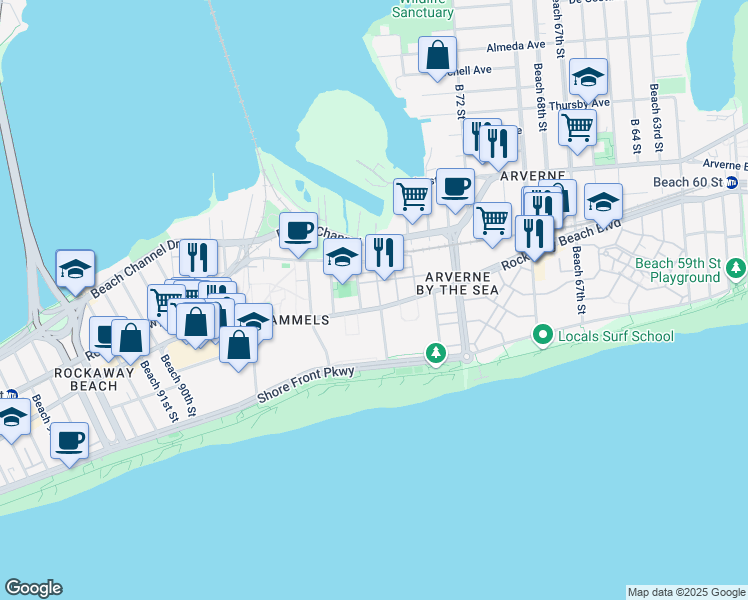 map of restaurants, bars, coffee shops, grocery stores, and more near 201 Beach 77th Street in Queens