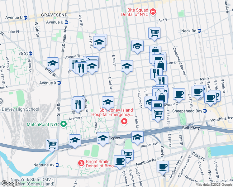 map of restaurants, bars, coffee shops, grocery stores, and more near 2514 Ocean Parkway in Brooklyn