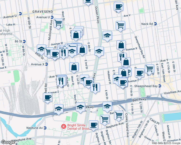 map of restaurants, bars, coffee shops, grocery stores, and more near 2514 Ocean Parkway in Brooklyn