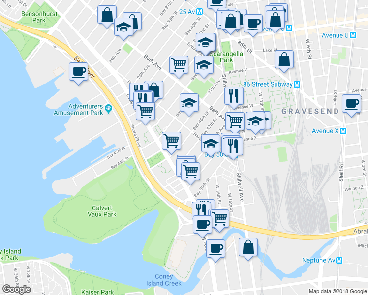 map of restaurants, bars, coffee shops, grocery stores, and more near 150 Bay 47th Street in Brooklyn
