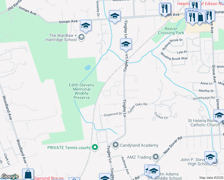 map of restaurants, bars, coffee shops, grocery stores, and more near 38 Hawthorn Drive in Edison