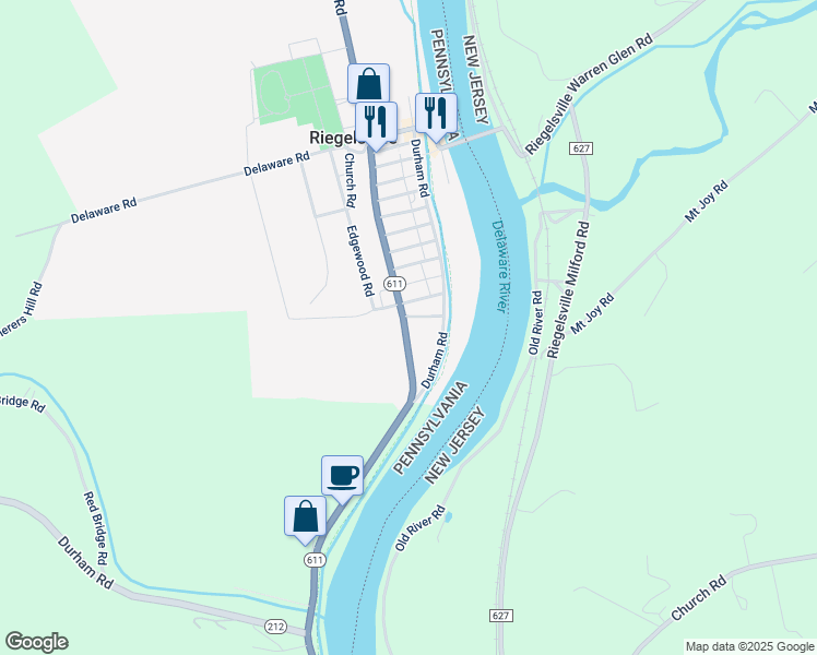 map of restaurants, bars, coffee shops, grocery stores, and more near 1219 Easton Road in Riegelsville