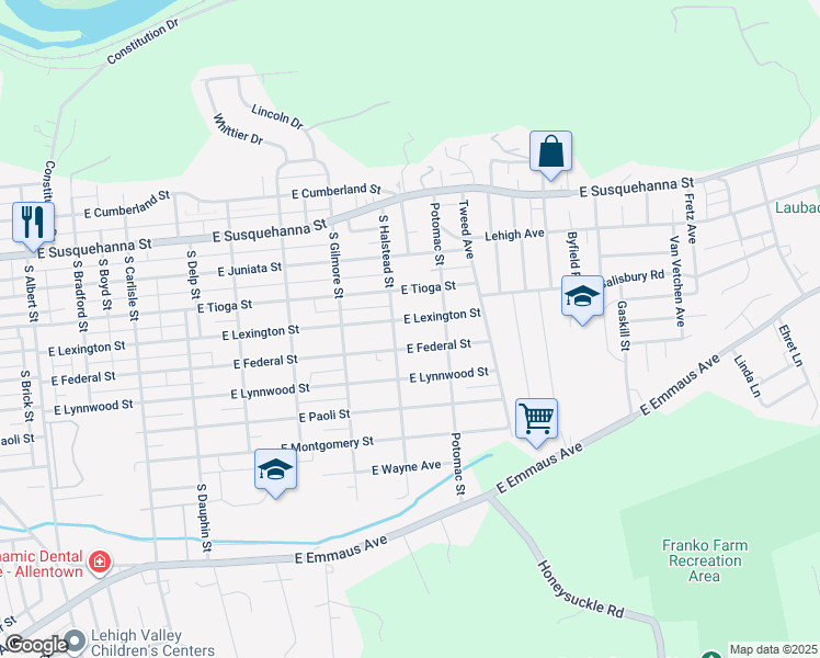 map of restaurants, bars, coffee shops, grocery stores, and more near 750 East Lexington Street in Allentown