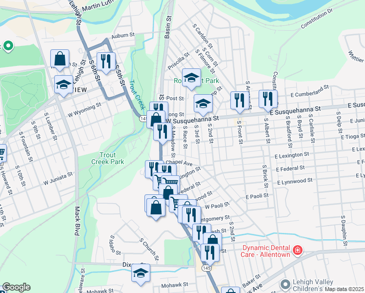 map of restaurants, bars, coffee shops, grocery stores, and more near 1317 South Race Street in Allentown