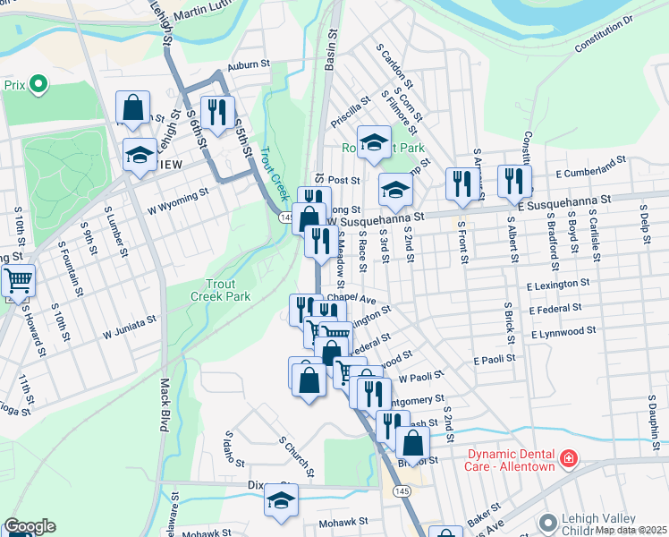 map of restaurants, bars, coffee shops, grocery stores, and more near 1320 South Meadow Street in Allentown