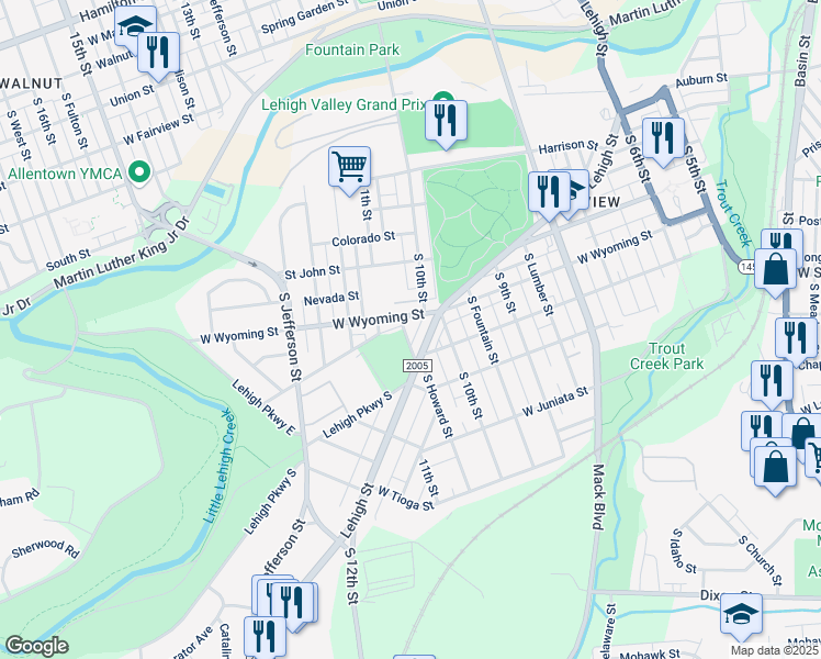 map of restaurants, bars, coffee shops, grocery stores, and more near 1022 State Route 2005 in Allentown