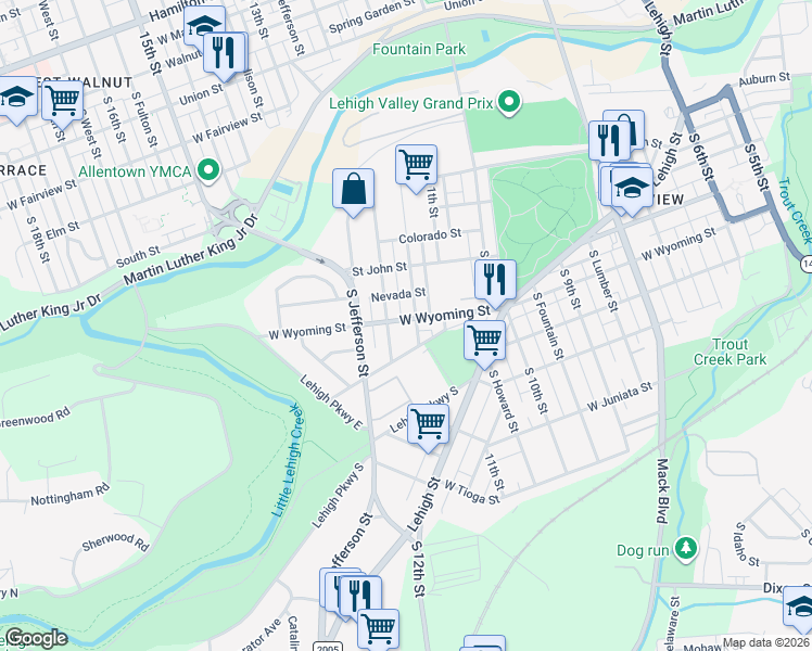 map of restaurants, bars, coffee shops, grocery stores, and more near 1126 West Wyoming Street in Allentown