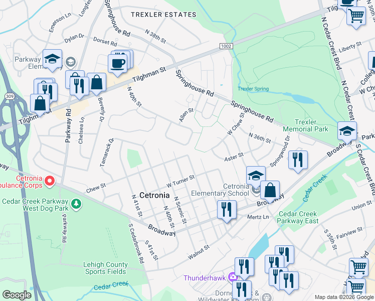 map of restaurants, bars, coffee shops, grocery stores, and more near 3837 West Chew Street in Allentown