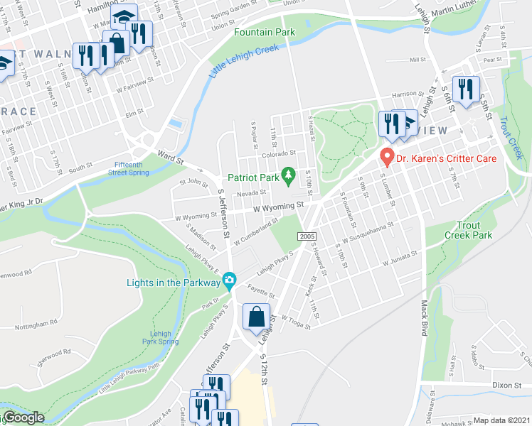 map of restaurants, bars, coffee shops, grocery stores, and more near 1126 West Wyoming Street in Allentown