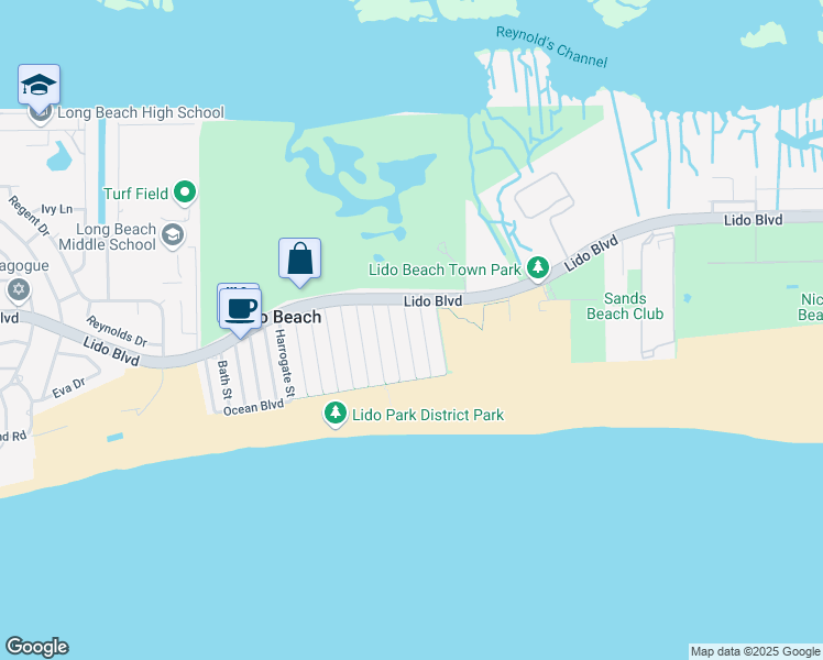 map of restaurants, bars, coffee shops, grocery stores, and more near 35 Saratoga Street in Lido Beach