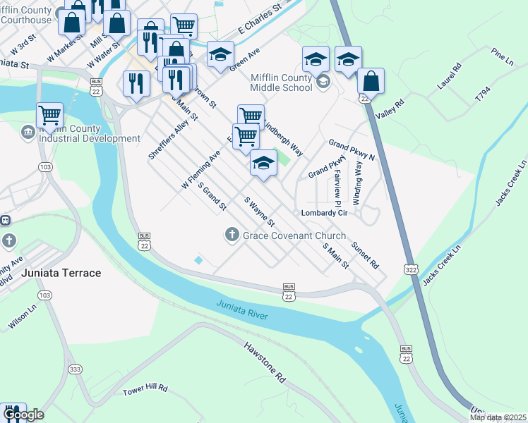 map of restaurants, bars, coffee shops, grocery stores, and more near 625 South Wayne Street in Lewistown