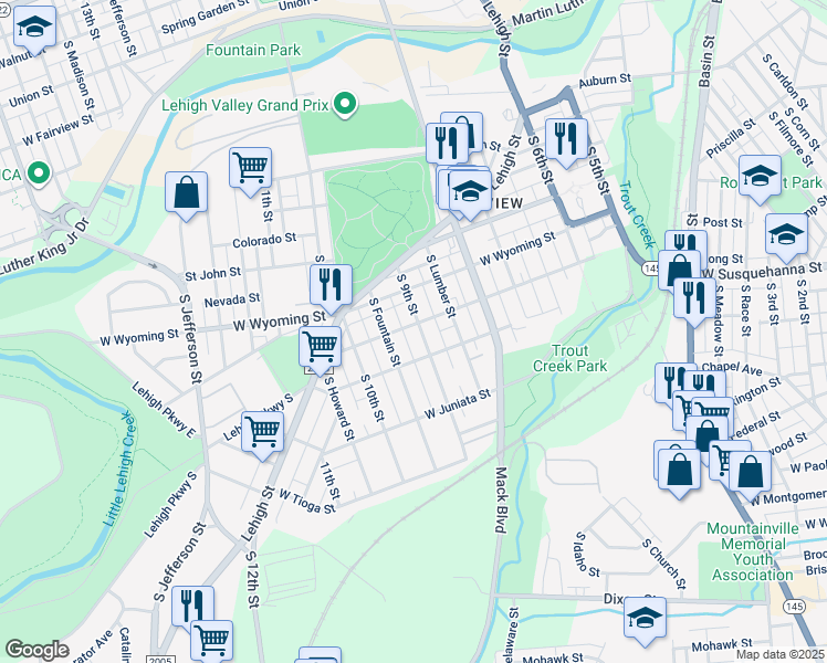 map of restaurants, bars, coffee shops, grocery stores, and more near 1102 South 9th Street in Allentown