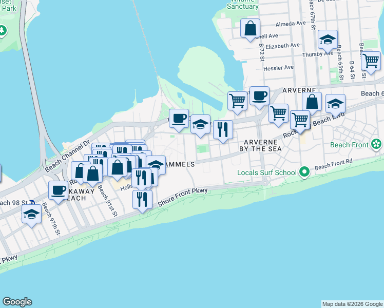 map of restaurants, bars, coffee shops, grocery stores, and more near 2-21 Beach 80th Street in Queens