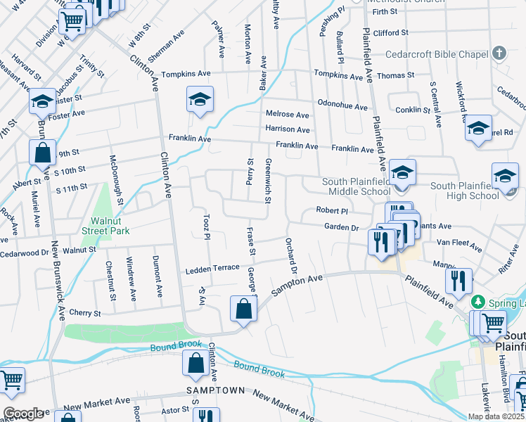 map of restaurants, bars, coffee shops, grocery stores, and more near 2060 Greenwich Street in South Plainfield