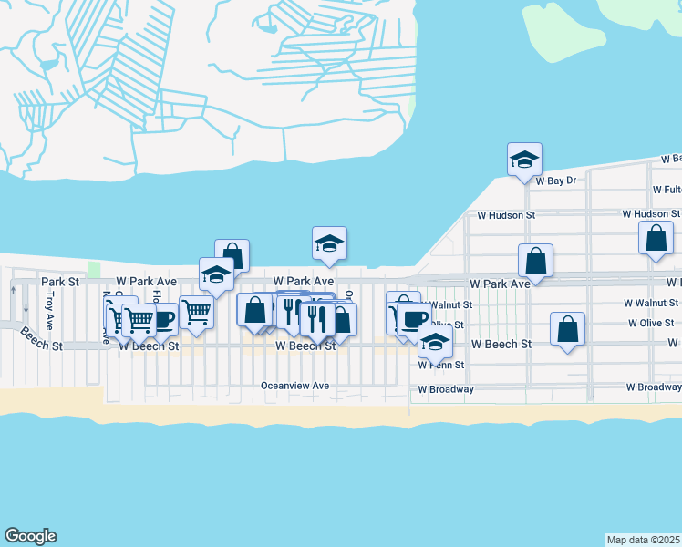 map of restaurants, bars, coffee shops, grocery stores, and more near 111 Delaware Avenue in Long Beach
