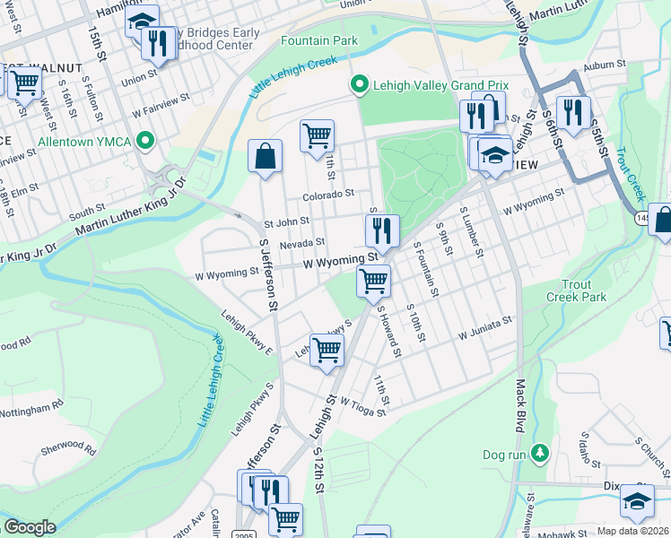 map of restaurants, bars, coffee shops, grocery stores, and more near 1011 South 11th Street in Allentown