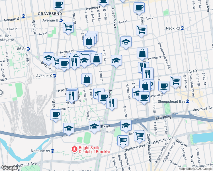 map of restaurants, bars, coffee shops, grocery stores, and more near 2510 Ocean Parkway in Brooklyn