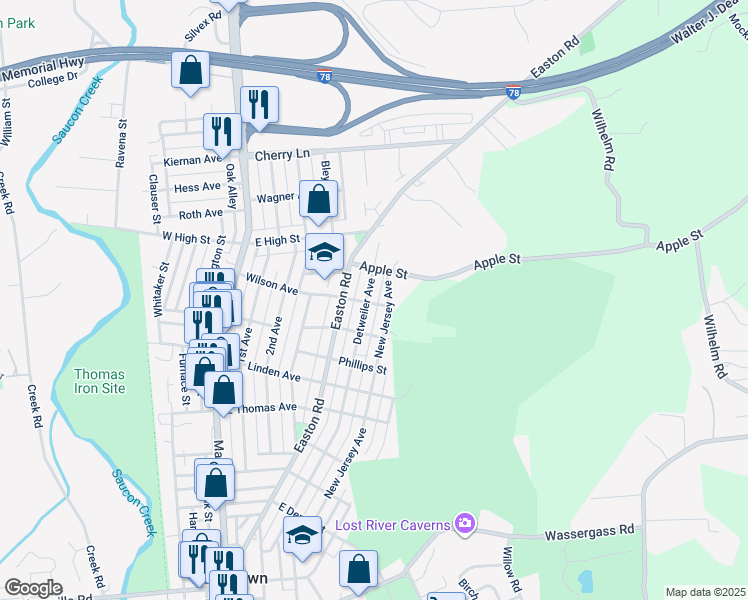 map of restaurants, bars, coffee shops, grocery stores, and more near 1401 Detweiler Avenue in Hellertown