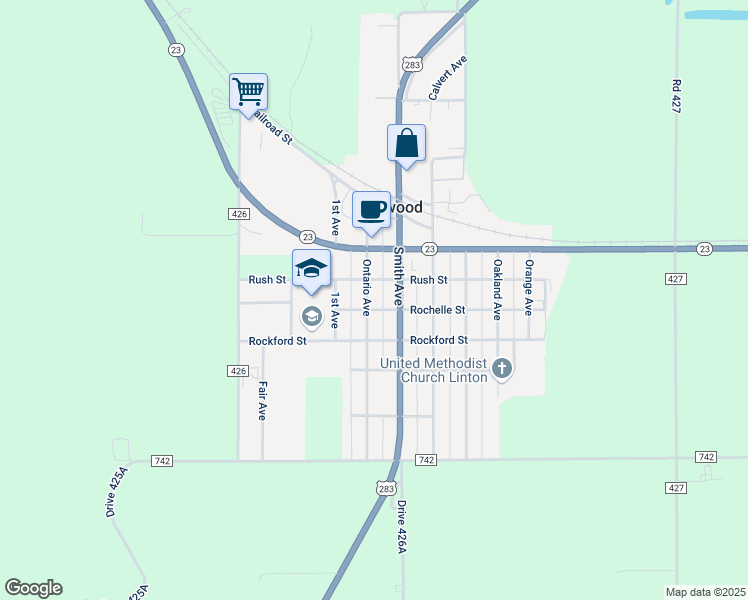 map of restaurants, bars, coffee shops, grocery stores, and more near 407 Ontario Avenue in Elwood