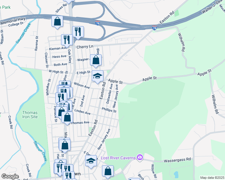map of restaurants, bars, coffee shops, grocery stores, and more near 1401 Detweiler Avenue in Hellertown