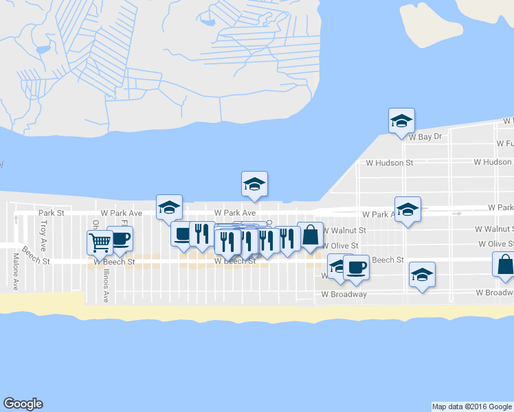 map of restaurants, bars, coffee shops, grocery stores, and more near 111 Delaware Avenue in Long Beach