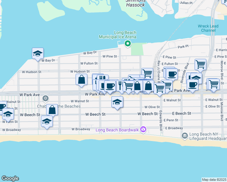 map of restaurants, bars, coffee shops, grocery stores, and more near 225 West Park Avenue in Long Beach