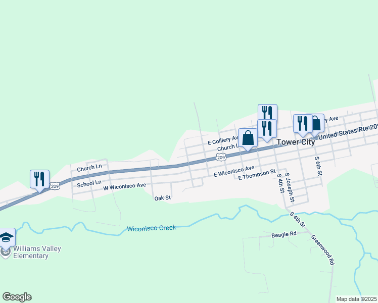 map of restaurants, bars, coffee shops, grocery stores, and more near 48 West Colliery Avenue in Tower City