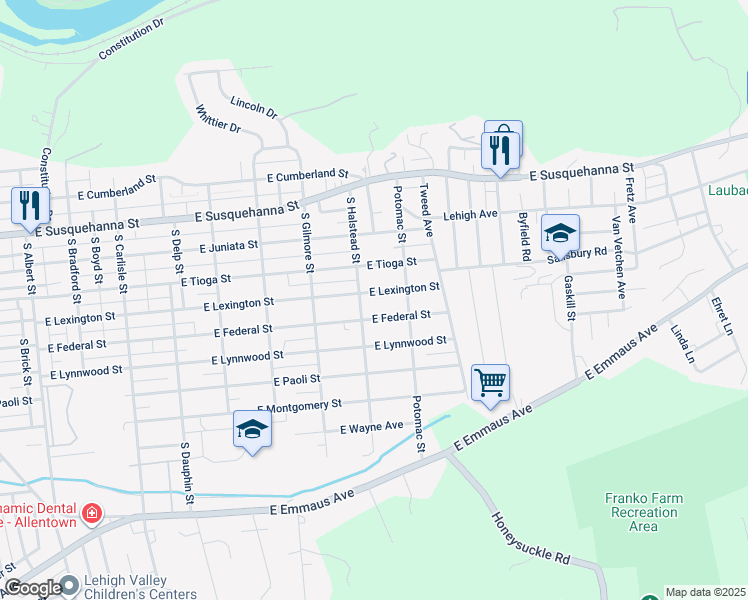 map of restaurants, bars, coffee shops, grocery stores, and more near 750 East Lexington Street in Allentown