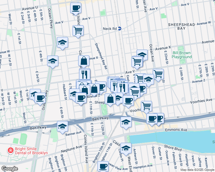 map of restaurants, bars, coffee shops, grocery stores, and more near 2546 East 13th Street in Brooklyn