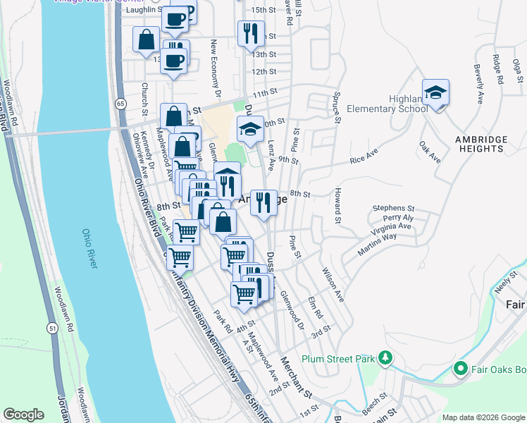 map of restaurants, bars, coffee shops, grocery stores, and more near 635 Duss Avenue in Ambridge