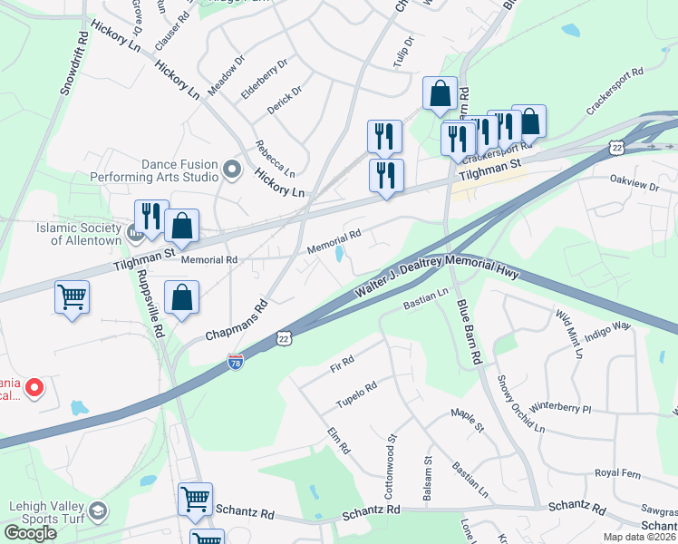 map of restaurants, bars, coffee shops, grocery stores, and more near 537 Ponds Edge Lane in Allentown