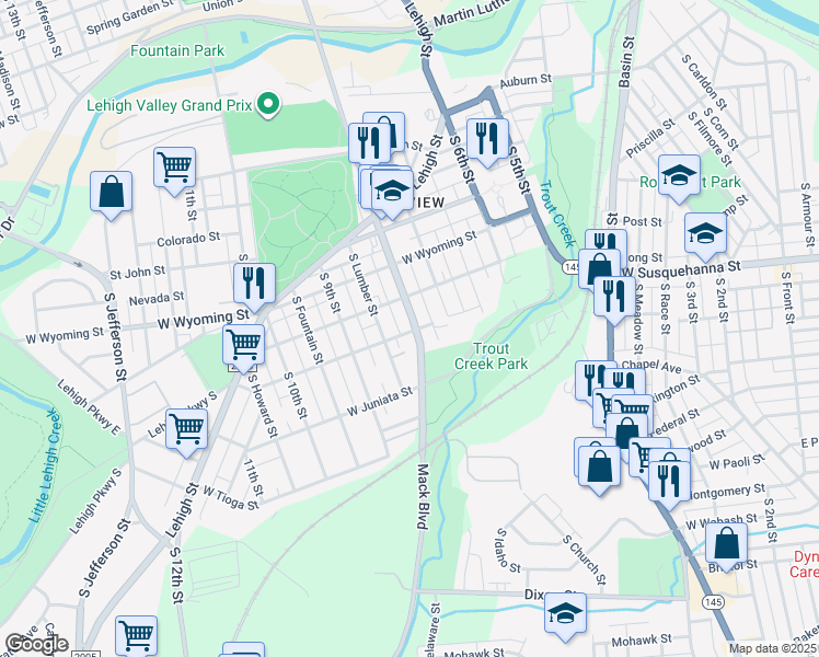 map of restaurants, bars, coffee shops, grocery stores, and more near 1132 South 8th Street in Allentown