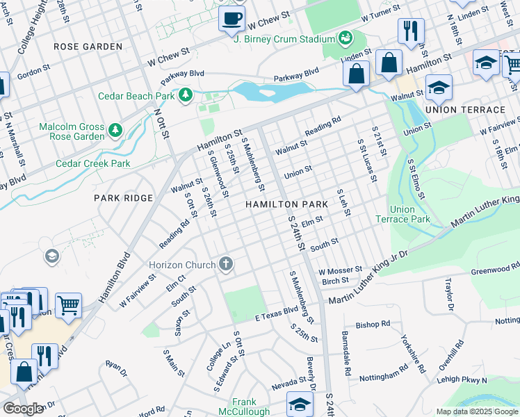 map of restaurants, bars, coffee shops, grocery stores, and more near 2437 West Fairview Street in Allentown