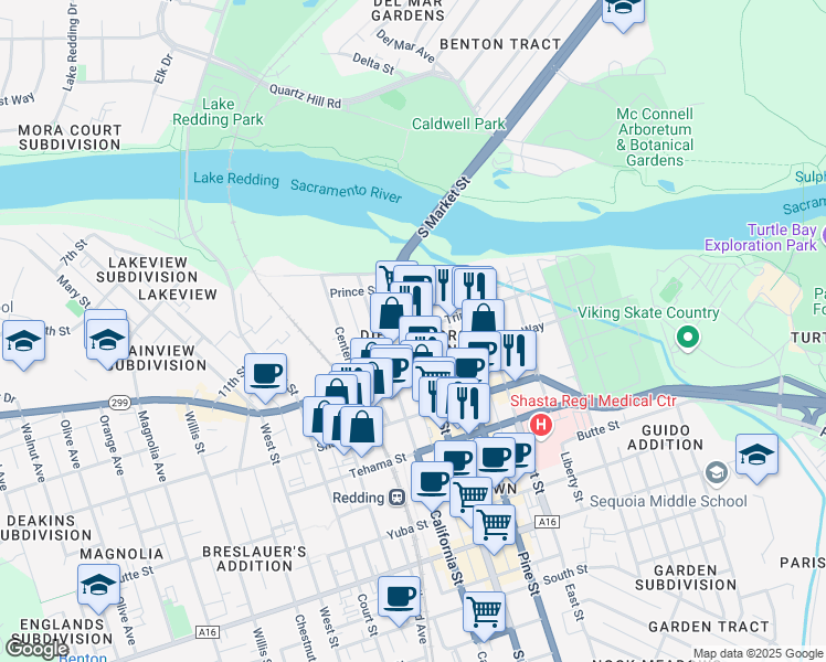 map of restaurants, bars, coffee shops, grocery stores, and more near 1097 South Market Street in Redding